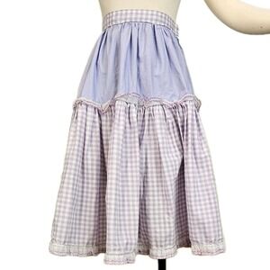 Vintage 1940s 50s Skirt Lilac Purple Gingam‎ Scalloped Lace Ruffle Tiered Picnic